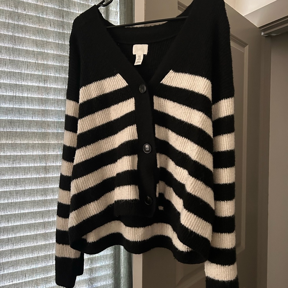 H&M Black and White Striped Cardigan Sweater
